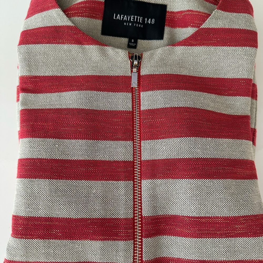 Lafayette 148 Red and White Striped Zipped Blazer